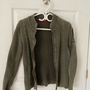 Women’s Olive Green Ribbed Zip Cardigan Sweater